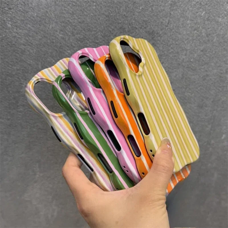 스플라이싱 컬러 줄무늬 2 in 1 TPU + PC 하드 폰 케이스 for IPhone 12 13 14 15 16 Pro Max Wave Edges 편안한 터치 슬림 커버