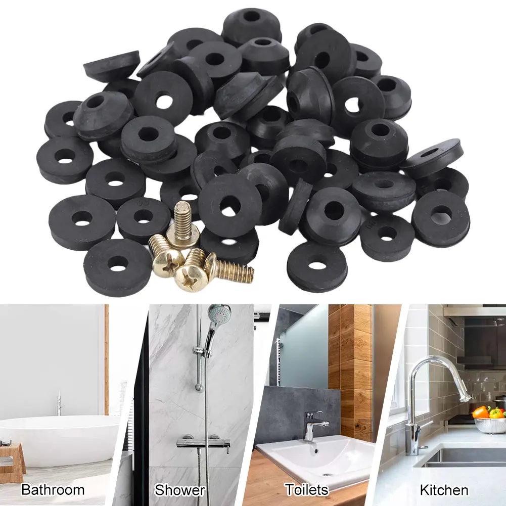 48PCS Faucet Washers Replacement Sealing Rubber Plumbing Faucet Seal Washer with Screws Flat Beveled for Bath Sink Basin Shower
