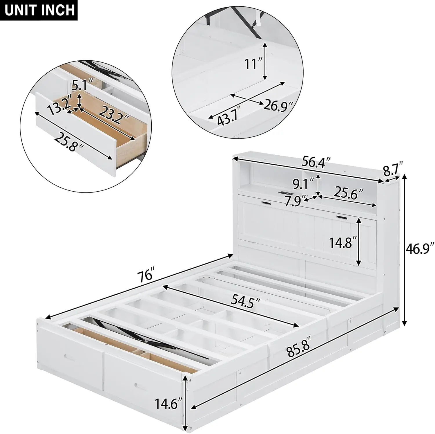 Cama con plataforma hidráulica, estructura de cama de madera de tamaño completo con cabecera LED de almacenamiento, estación de carga incorporada y 2 cajones (blanco)