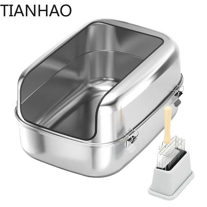Stainless Steel Cat Litter Box Extra Large Semi-enclosed Cat Toilet Suitable for Large Cats High Sided, Anti-Urine Leakage