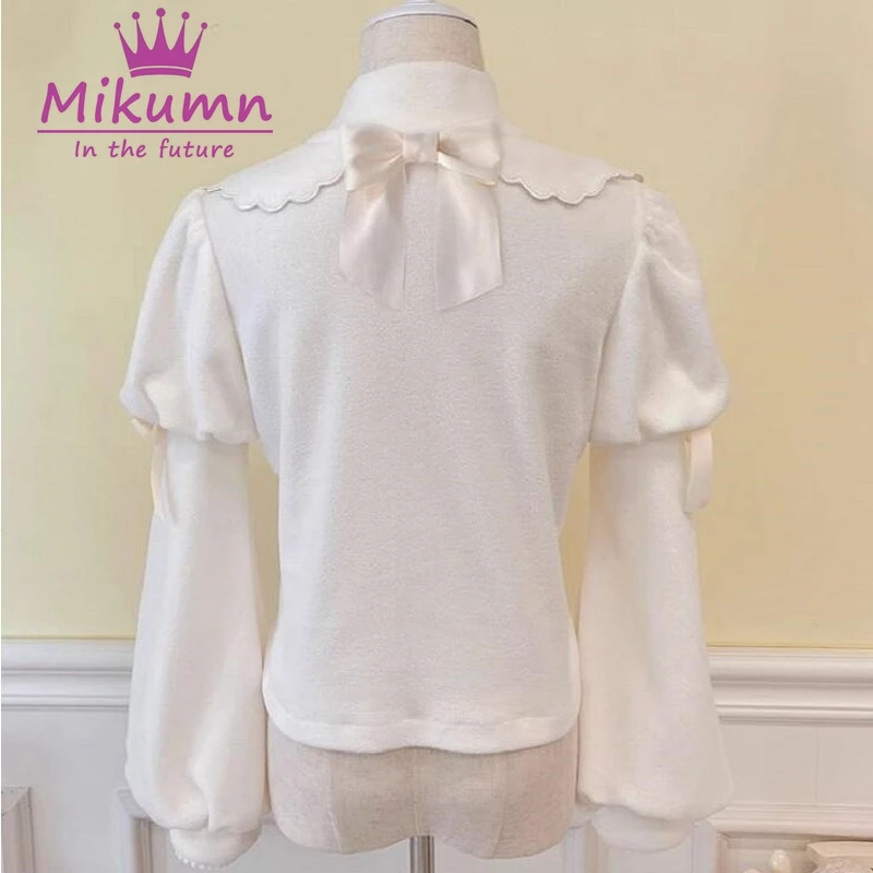 Mikautumn-Blusa feminina monocromática com gola alta, tops Harajuku, blusa Kawaii Lolita, mangas folheadas de pelúcia, japonesa, doce, fofa, outono, inverno