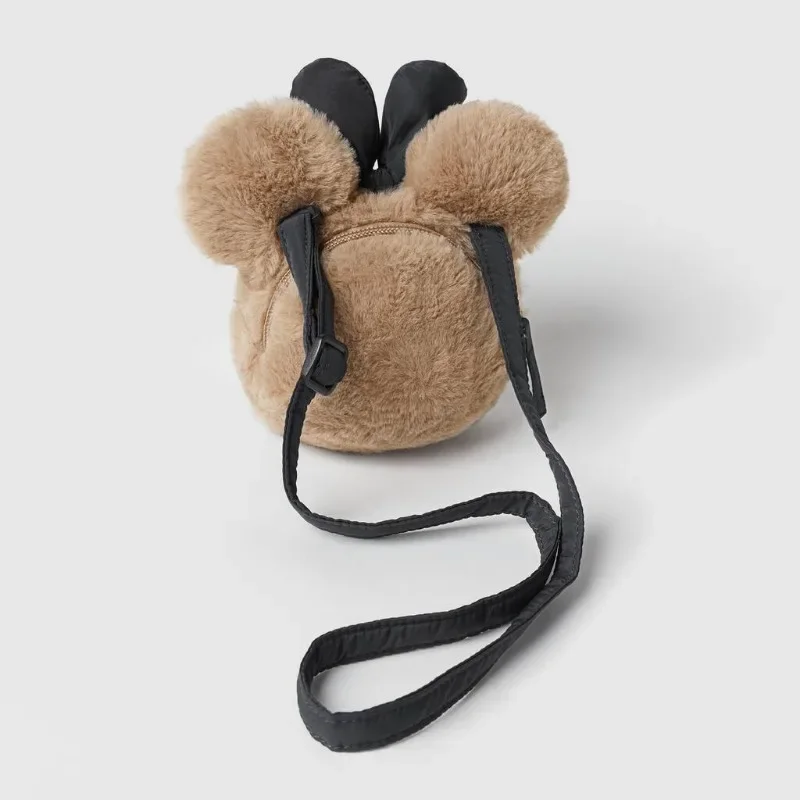 Disney Winter New Minnie Khaki Plush Bow Mini Children Toddler Soft Crossbody Bag