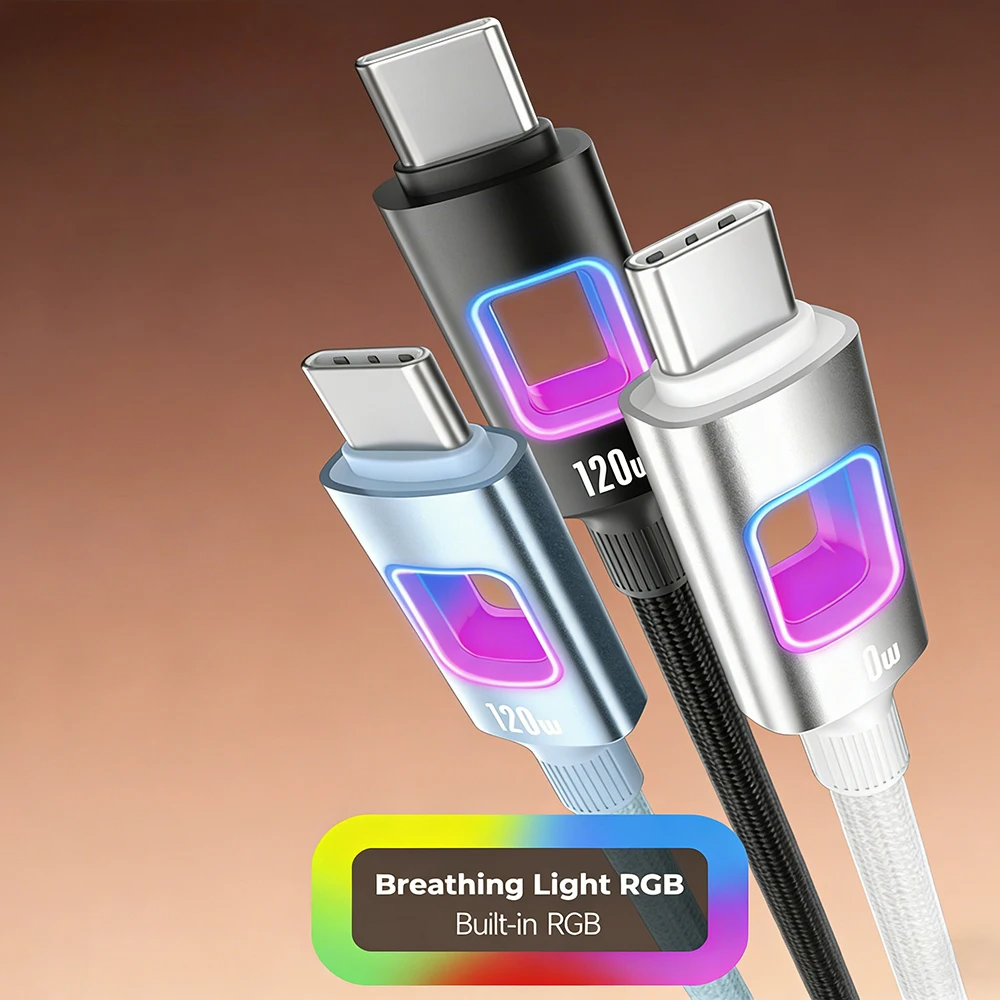 120W Type C To Type C Fast Charging Cable Luminous Display Line High Speed Data Transfer Braided Cable for Iphone 17 16 Pro Max