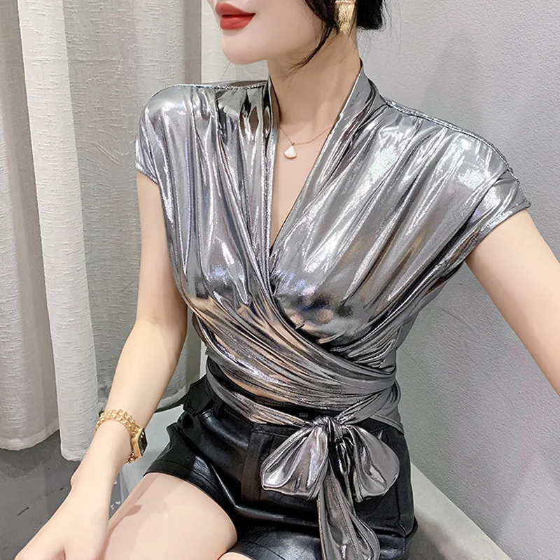 Street Wear Gold Silver Green Shinny Short Sleeve Blouse Women Sexy Irregular Short Wrap Shirt Female Bandage Summer Tops