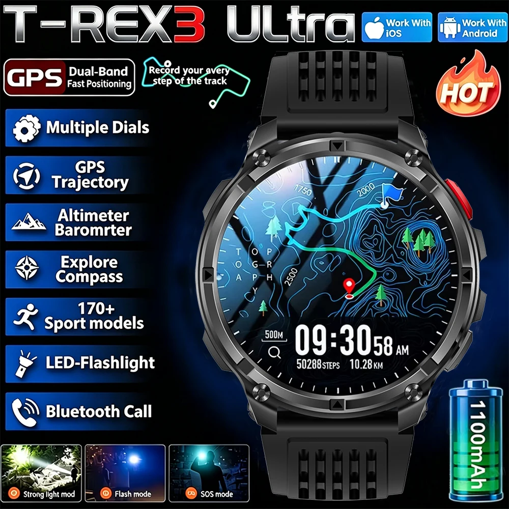 

2026 New T-Rex3 Pro 1100mAh Battery Smart Watch GPS path 5ATM Waterproof Sports Run tracker Outdoors Compass Military Smartwatch