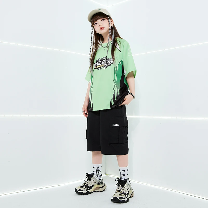 Jungen Hipo Hop grün T-Shirt Street Dance schwarz Cargo Shorts Mädchen Streetwear Kinder Ballsaal Sommerkleid ung Kind Jazz Kostüme