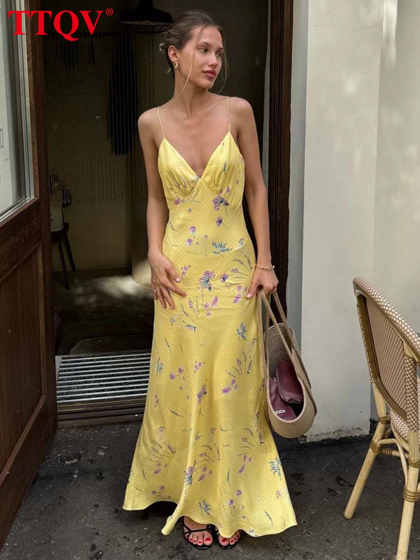 

TTQV Casual Yellow Print Women's Dress Elegant Spaghetti Strap Open Back Dresses Autumn Fashion High Waist Ankle-Length Dress