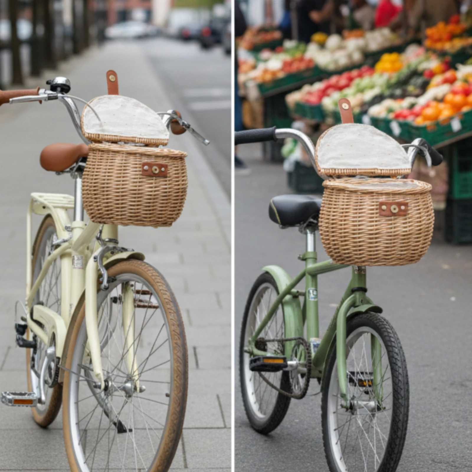 Wicker Cycle Basket with Lid Front Woven Bike Basket with Lining Natural Stylish for Commuters, Market Trips, Daily Rides