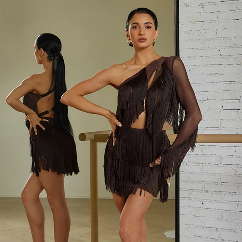 Sexy Backless Full Fringed Dresses Rumba Samba Chacha Salsa Dance Costume ZYM Women One- Sleeve Cutout Latin Dance Dress