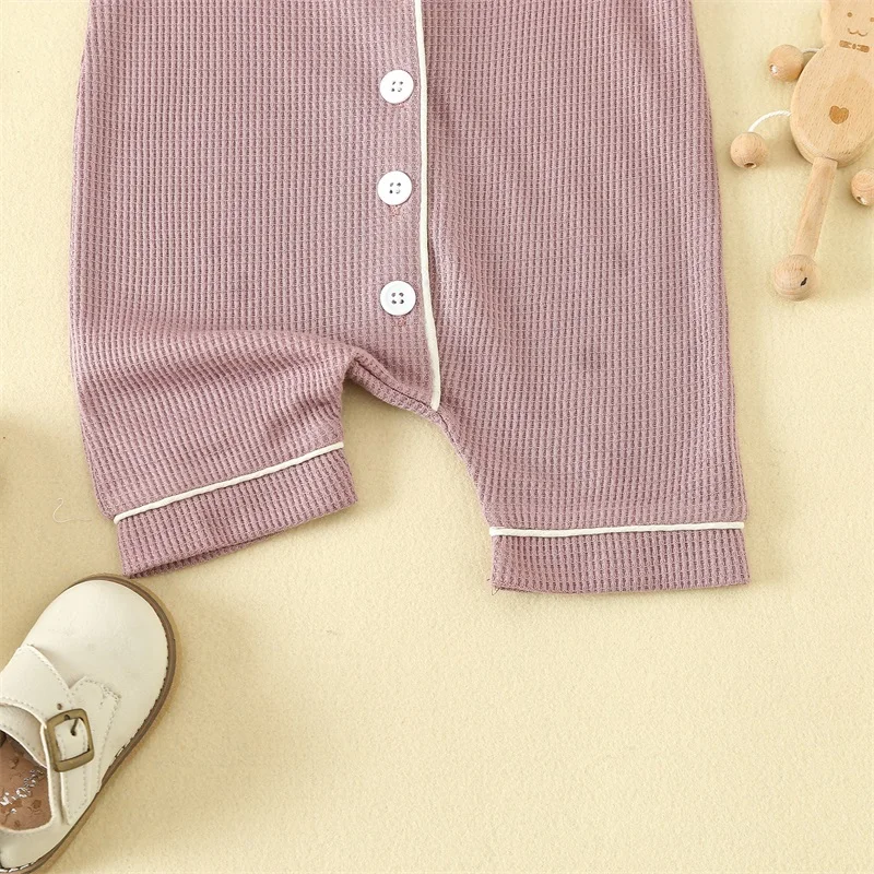 Lioraitiin Infant Girls Boys Romper Pajama Lapel Neck Short Sleeve Contrast Trim Button Down Waffle Jumpsuit Sleepwear Clothes