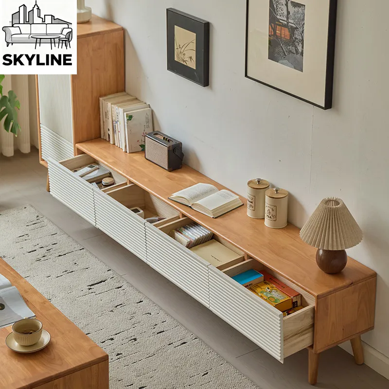 Solid Wood TV Cabinet, White Floor-to-Ceiling Log Stand for Living Room