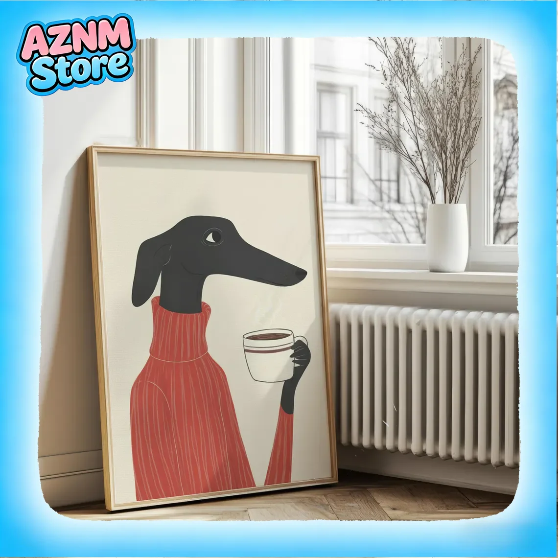 2026 Impresión de arte mural de perro negro estilo retro-chic - Elegante canino con suéter rojo de cuello alto y taza de café - Minimalista y moderno