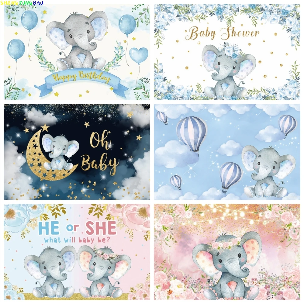 

Newborn Elephant Birthday Party Flowers Photocall Baby Shower Banner Backgrounds Indoor Photographic Studio Backdrop