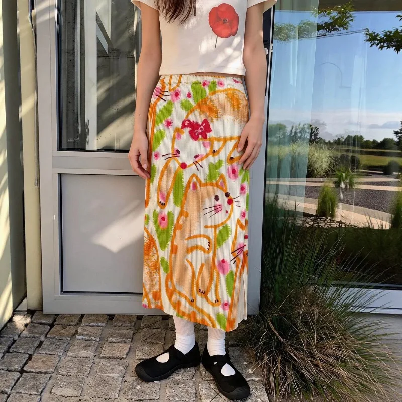Pleated Skirt 2026 Summer New Simple Casual Fashion Animal Print Elegant Women's Draped Elastic Slit Straight Skirt