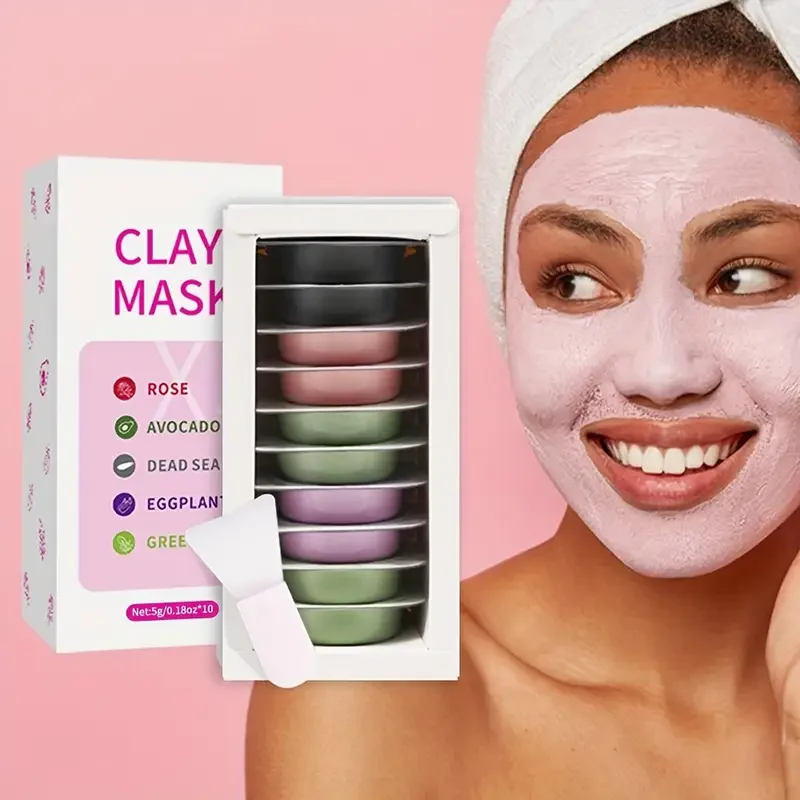 Mascarilla de arcilla de 10 Uds., limpieza suave, piel hidratante e hidratante, mascarilla de berenjena/rosa/té verde, mascarilla para restaurar la piel, esencial para viajes
