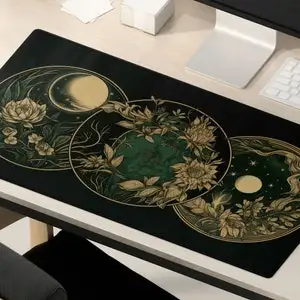 Celestial Desk Mat Moon Phases Art Nouveau Witch Aesthetic Green Dark Academia Cottagecore Mousepad XXL Gaming Cute Desk Mat