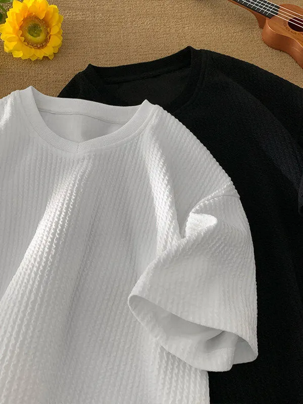 

Белая текстурированная мужская футболка с V-образным вырезом и коротким рукавом, легкая, дышащая, свободного кроя, летняя, модная, повседневная, с широкими плечами