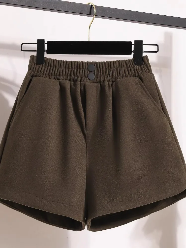 S-3XL المتضخم مرونة الخصر السراويل الصوفية لخريف شتاء 2025 جديد فضفاض واسعة الساق السراويل السيدات عادية ألف خط سراويل قصيرة