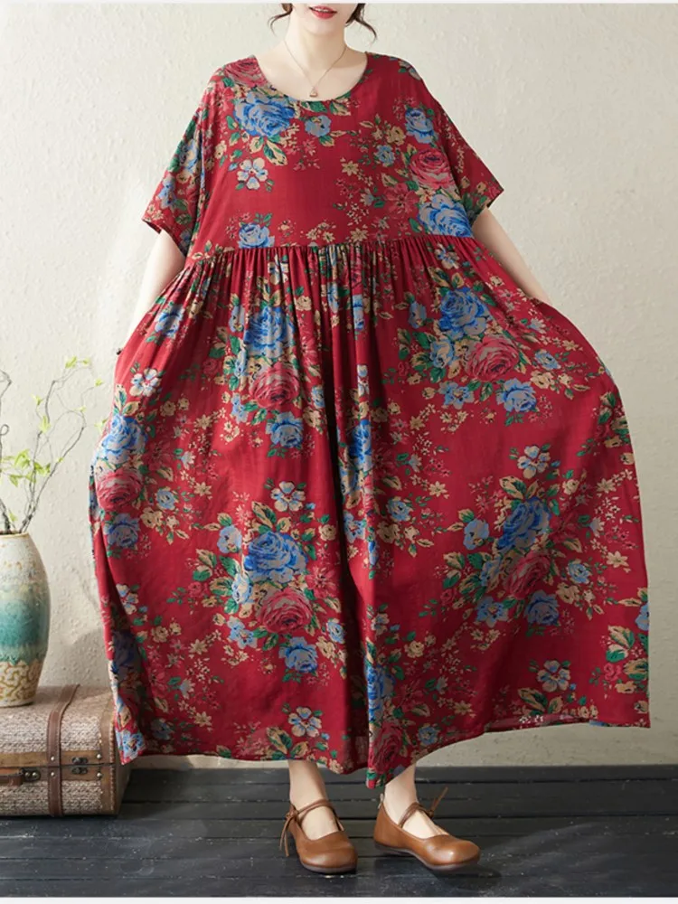 Oversized Summer Long Flower Print Dress Women Ruffle Pleated Fashion Bohemian Style Ladies Dresses Casual Loose Woman Dress