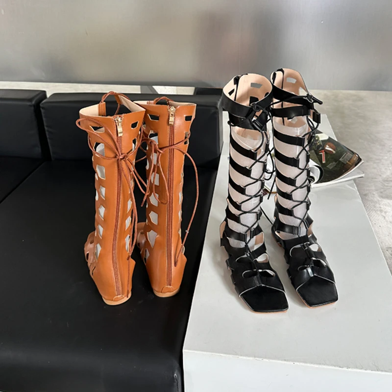 Brown Flats Long Boots Women Cross Strappy Summer Knee Boots Leisure Hollow Out Black Flat Sandals Zapatos Mujer image 4