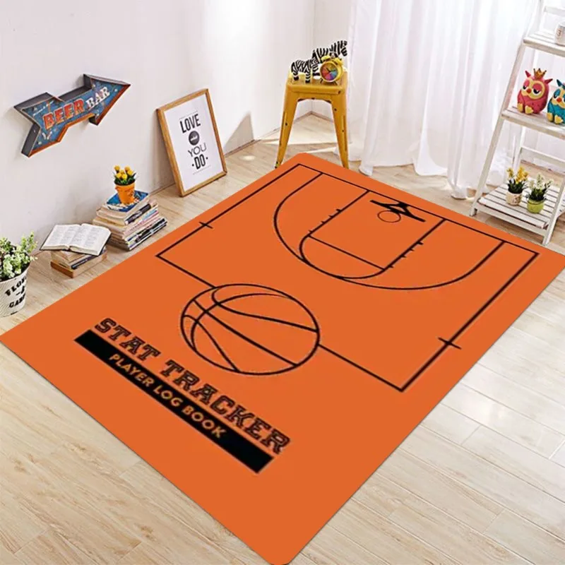 Großer Teppich mit Basketballplatzmuster für Wohnzimmer und Schlafzimmer, lebendiges orangefarbenes Sportthema, Bodenmatte, rutschfest, weicher Teppich