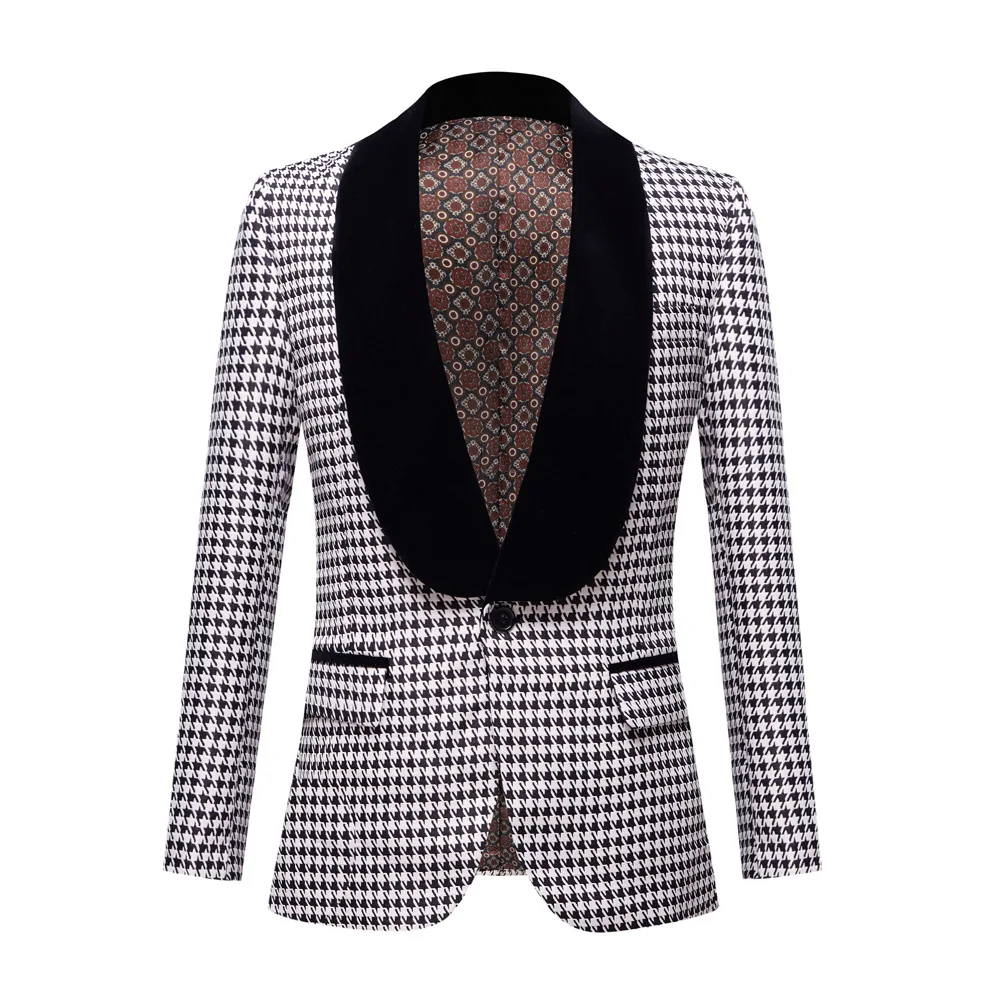 Fashion Men‘s Business Black and White Houndstooth Formal Suit / Male Slim Stage Party Host 2 Pcs Blazers Sets Jacket Pants