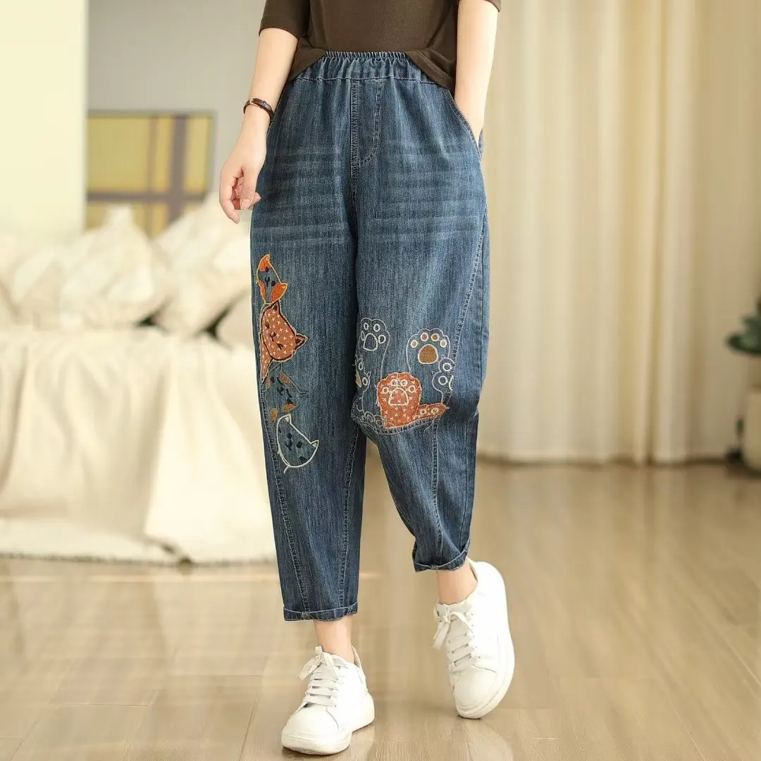 Aricaca Women Casual Denim Summer Pants M-2XL Embroidery Denim Pants For Women