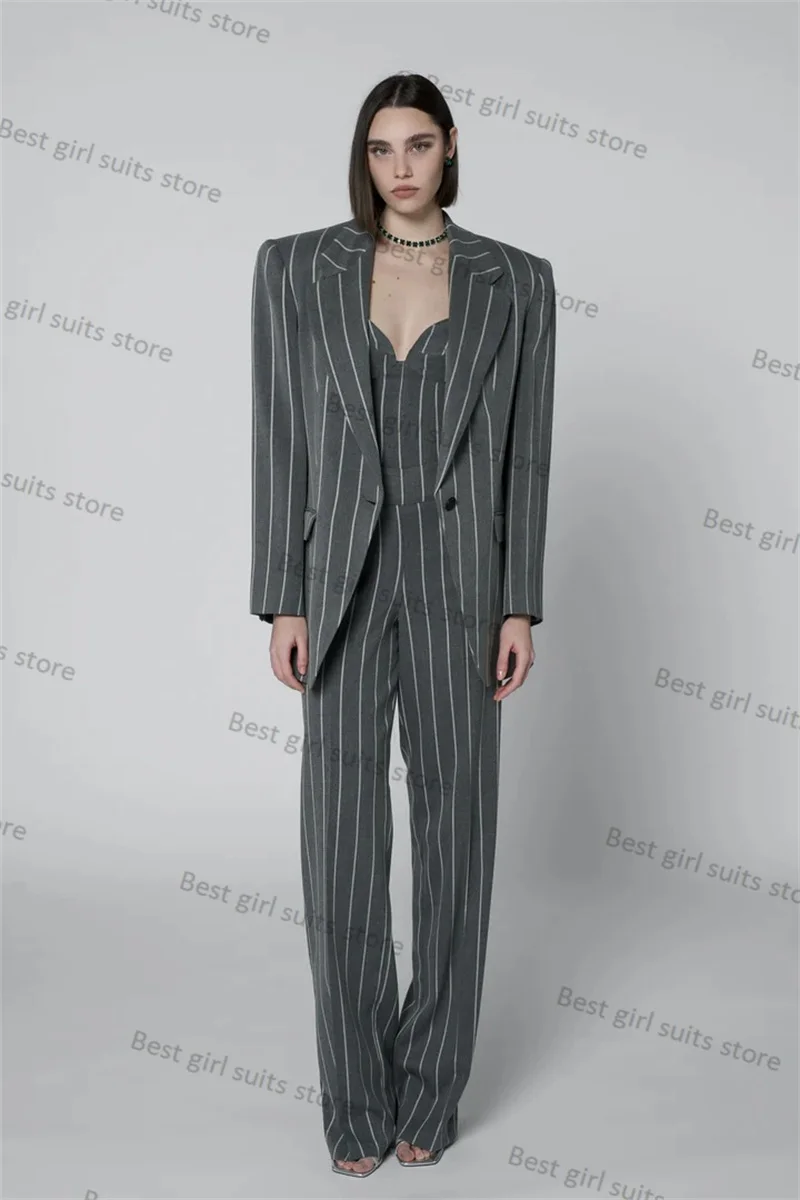 

2 Piece Grey Pinstripe Feather Women Suit Pants Set Jacket+Trouser Formal Office Lady Blazer Prom Tailored Single Breasted Coat