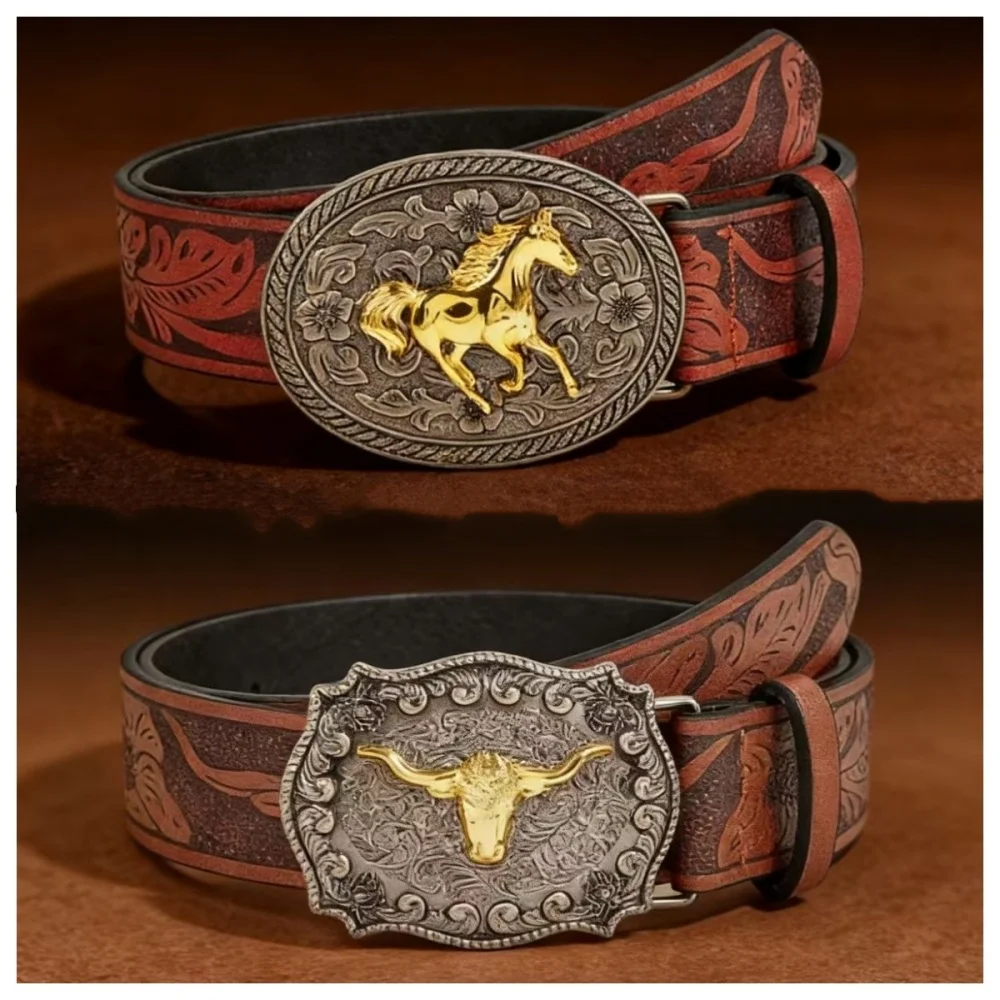 

Ремень с цветочным принтом и золотой пряжкой в виде головы быка, джинсовый ремень для повседневной носки, ковбойских нарядов