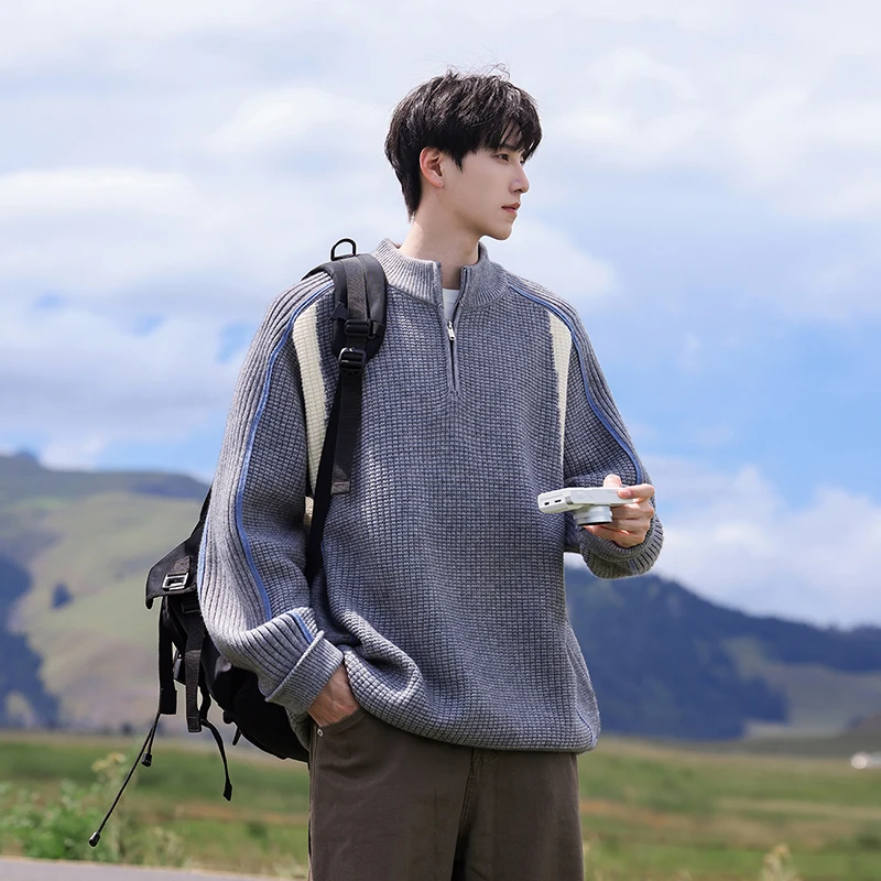 

Мужской домашний простой натуральный пуловер на молнии, свитер на осень-зиму, свободная, удобная, модная, универсальная, вязаная домашняя одежда