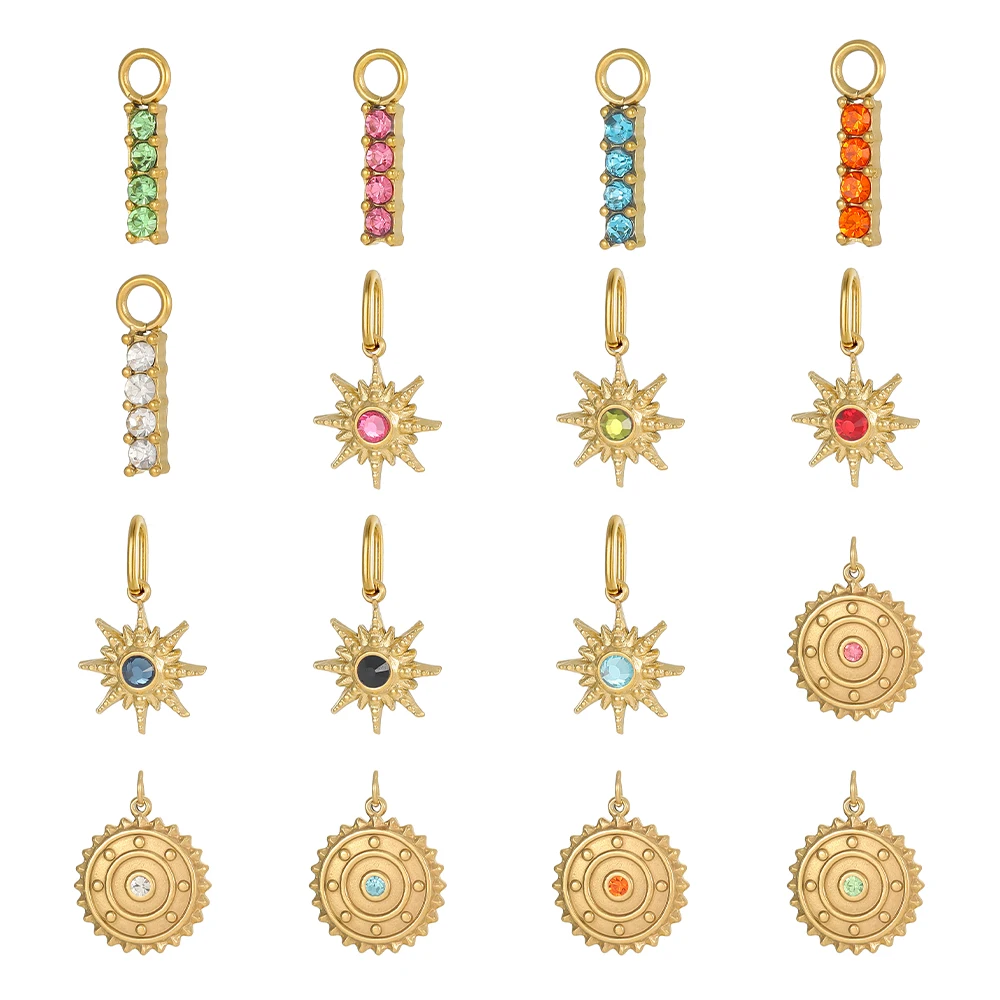 

Vintage Gold Color Stainless Steel Sunflower Muticolor Zircon Round Hammer Charm Pendant Necklace Accessory Set DIY Jewelry
