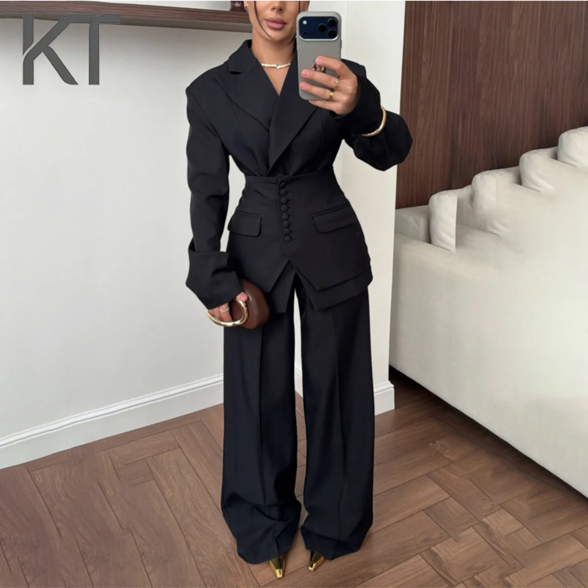 

KT 2026 New Arrival Women Multi Color Blazer Pants Set High Waist Wide Leg Waist Cinched Office Work Party Two Piece Outfit