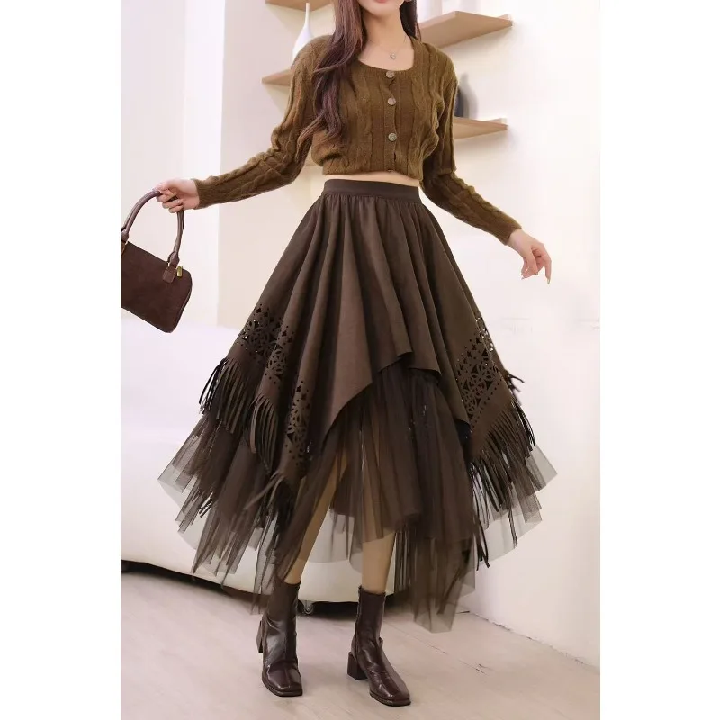 フリンジ付き秋冬フェイク鹿革フリーススカートハイウエストAライン不規則なメッシュスカートハイエンドファッショナブルな婦人服