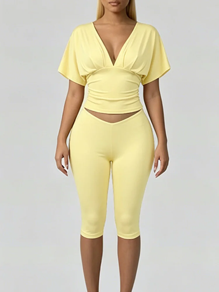 Yellow Sexy 2 Piece Matching Set 2026 Summer Deep V Neck Ruched Crop Top and  Bodycon Capri Legging Shorts Club Outfit for Women