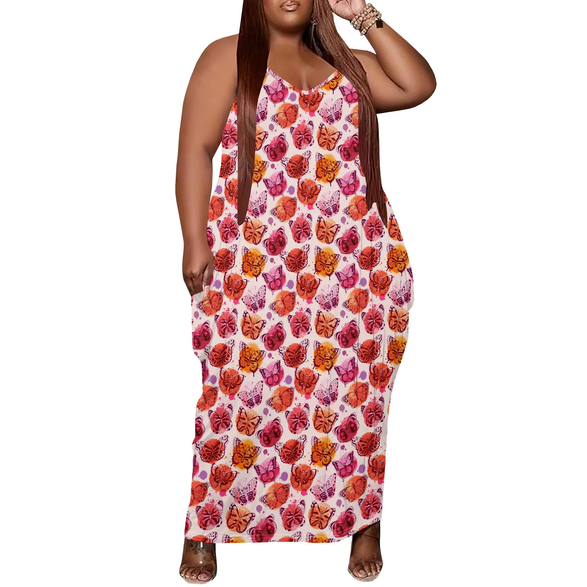 

Women's Plus Size Dress Loose Slip Long Dress with Pocket Stretchy Y2K Butterfly Print XL-6XL​