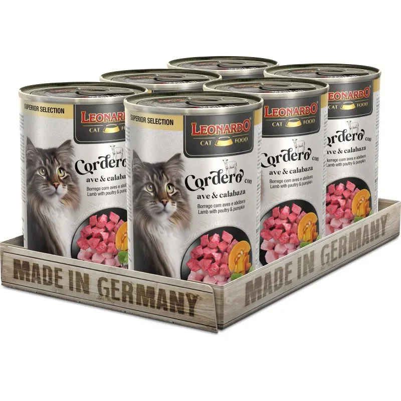 Leonardo Cat Food Alimento húmedo Superior Selection Cordero con Ave y Calabaza Alimento húmedo sin Cereales para Gatos Alimento húmedo Completo en Lata (Formato 6x200grs, 6x400grs)