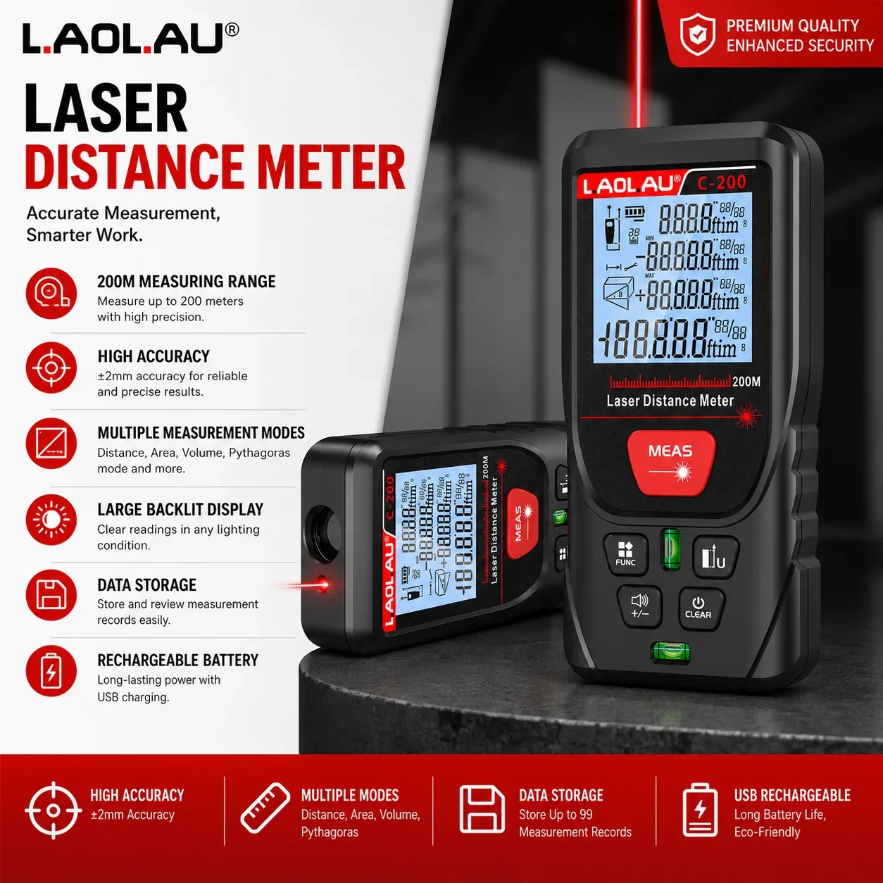 LAOLAU Digital Laser Range Finder RED/Green Laser Beam Meter High Precision Measuring Tools Backlit Screen IP54 Waterproof