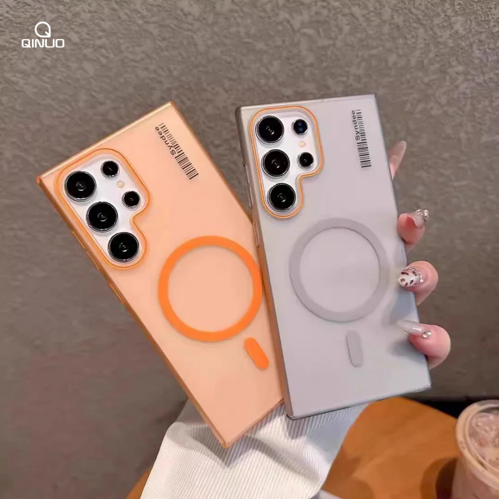 حافظة هاتف مغناطيسية بسيطة وشفافة Magsafe لهاتف سامسونج جالاكسي S 25 24 23 Ultra Plus FE A55 36 16 غطاء صلب للشحن اللاسلكي