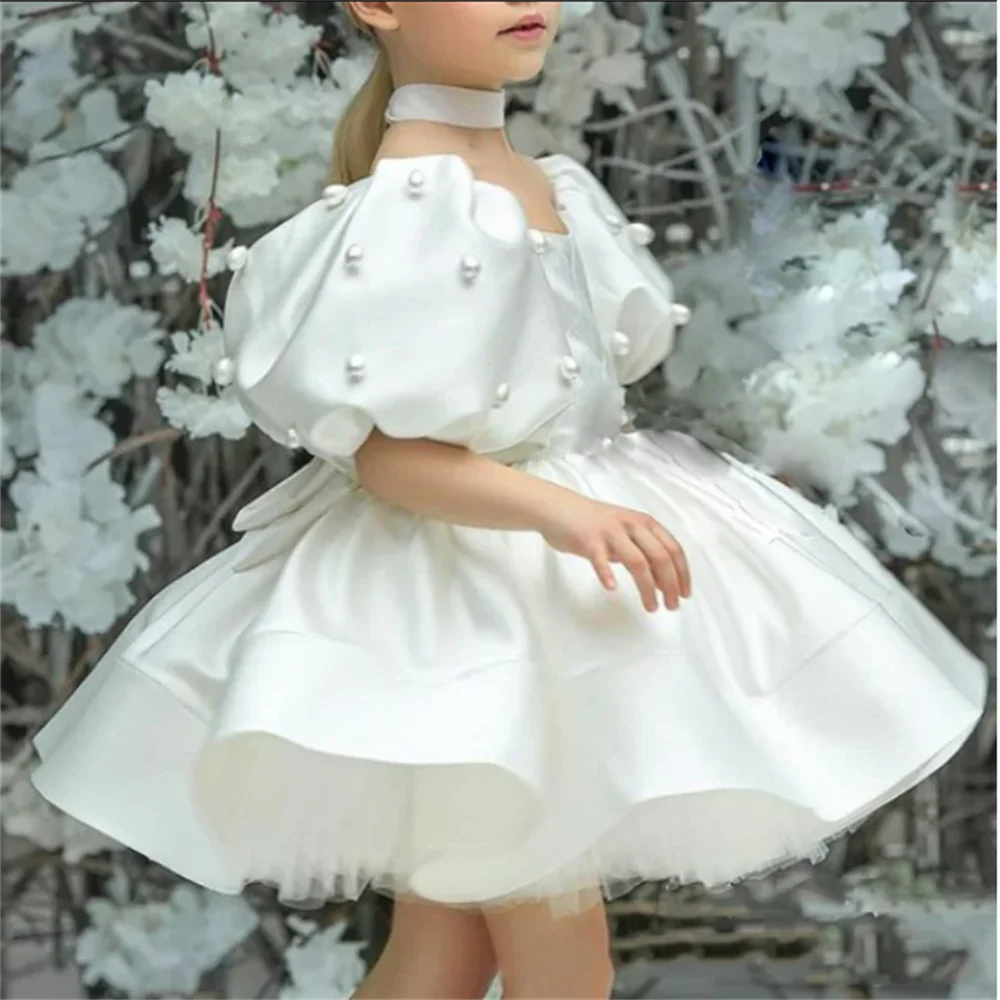 Vestido de princesa retrô com mangas folheadas para meninas, flores elegantes, roupas de aniversário, pérolas, vestido de baile infantil, moda