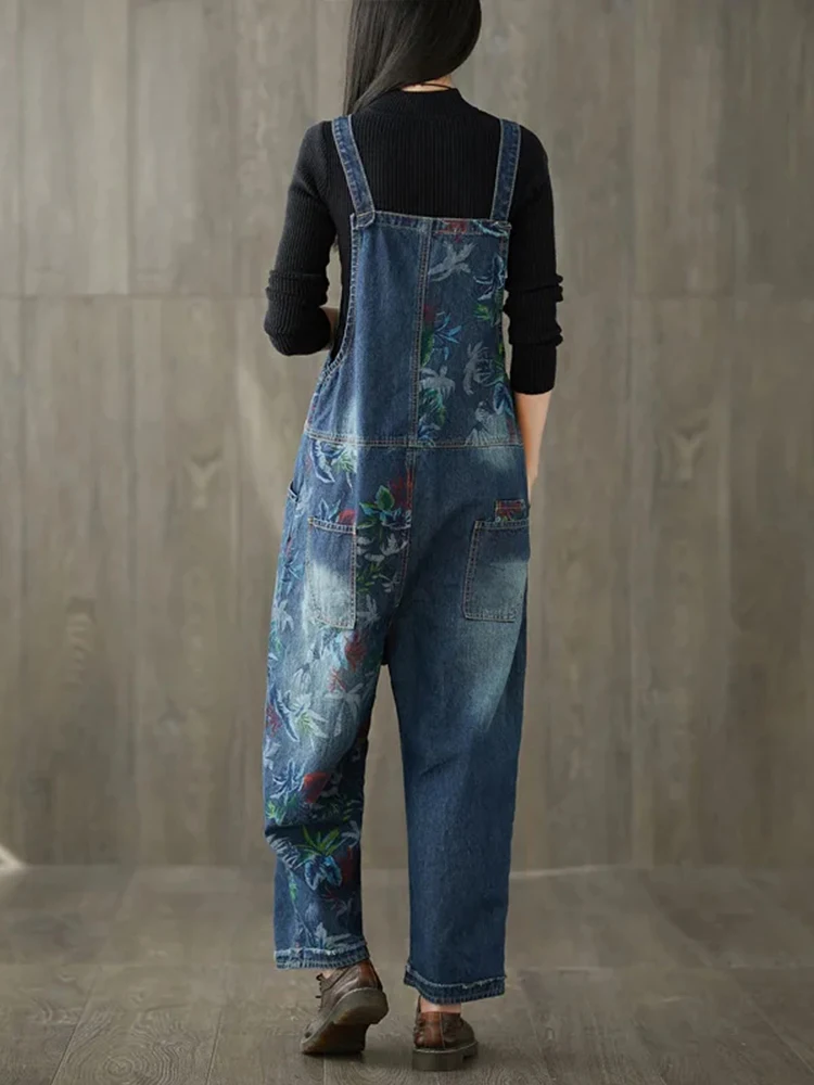 Amax luluE 2024 Fall Korean Fashion Jeans Women Vintage Loose Overalls Ladies Casual Printed Denim Trousers Classic Floral Pants
