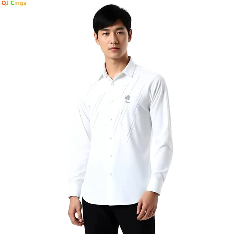 

Luxury Men's White Long Sleeve Shirt, Black Single Breasted Square Collar Stretch Shirts, Blue Red Blouse.