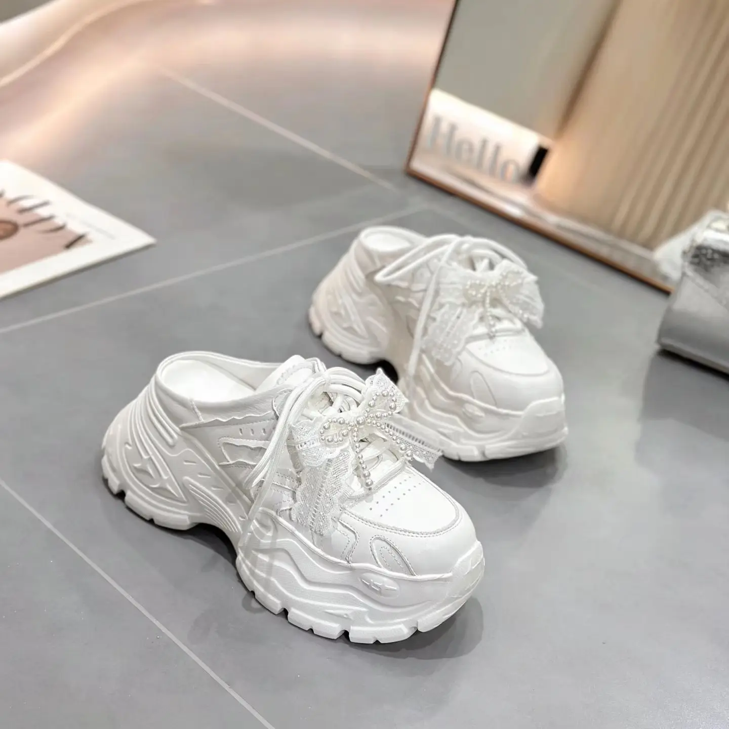 Women White Platform Mules Sneakers Thick Sole Lace Bow Slip-On Chunky Dad Shoes Casual Wedge High Heel Unique Design Fashion