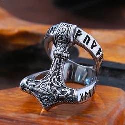 Vintage Viking Thor's Hammer Ring Mens Nordic Odin Rune Ring Stainless Steel Jewelry Biker Amulet Gift Wholesale