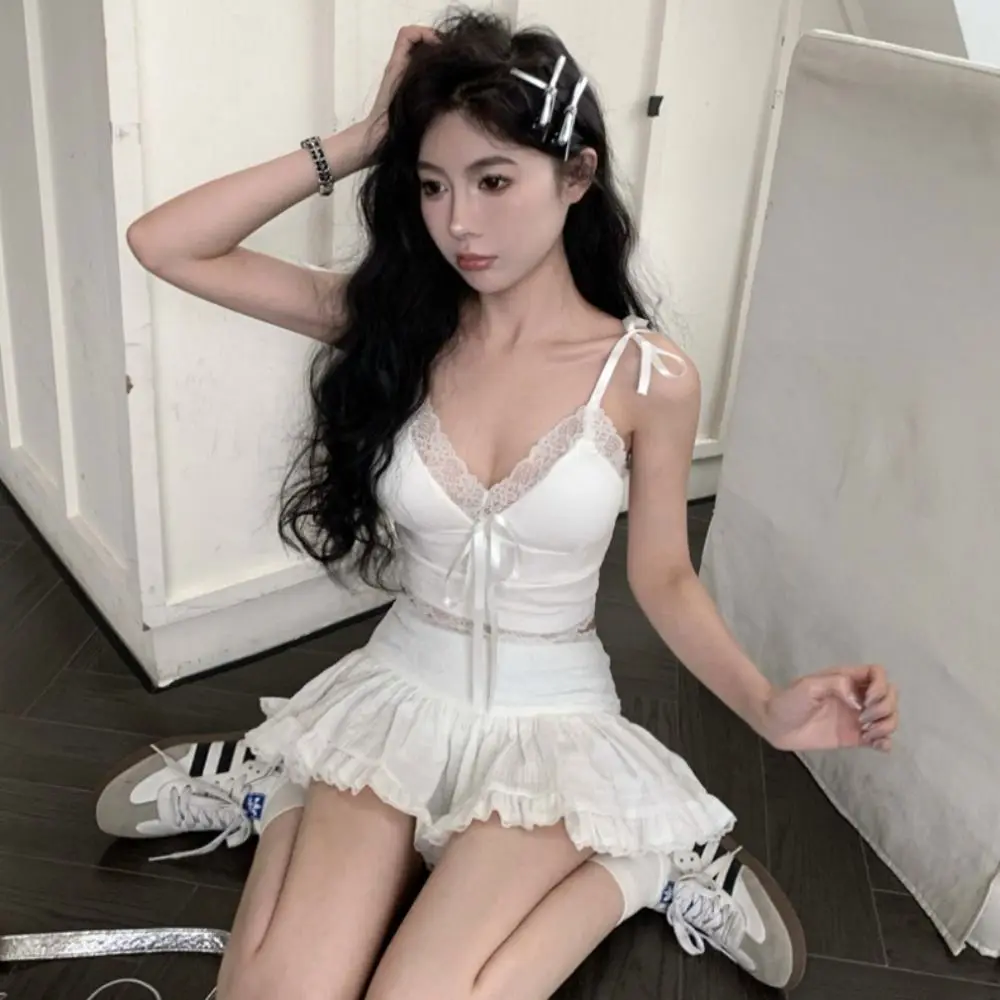 

Sensually Innocent Style Ribbon Lace Camisole Slim Fit Bowknot Women's Top Ballet with Breast Pad Short Tank Women Girl