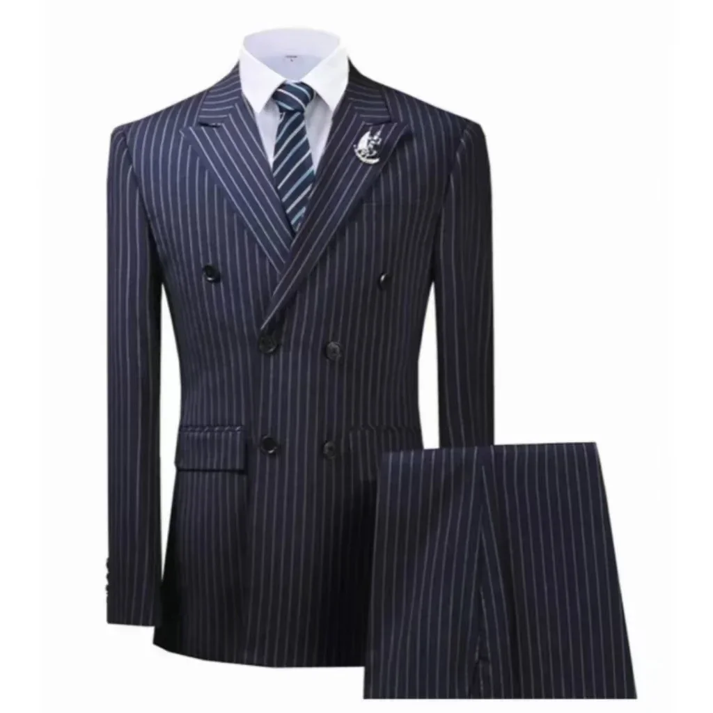 High Quality Men\'s Slim Striped Suit 2 Piece Blazer  Pants Sets Double Breasted Slim Fit Casual  Formal Suit Business