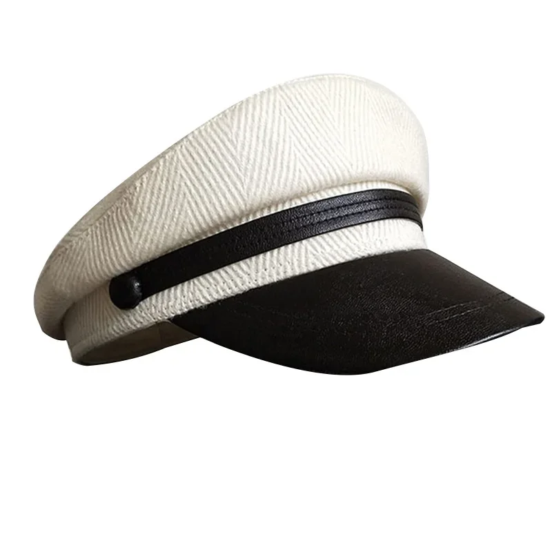 Berretto militare Casual di alta qualità uomo donna cappelli piatti di lana berretto da capitano berretto da strillone in pelle Vintage bianco NC35