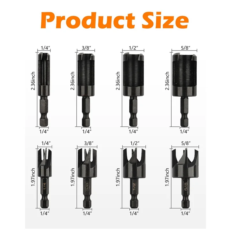 

8Pcs Wood Plug Cutters Drill Bit Set With 1/4 Hex Shank, Straight And Tapered Taper Cutting Tool A43F-Plug Cutter,