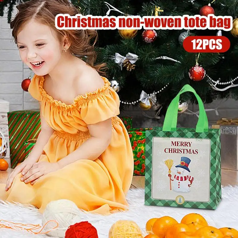 Reusable Christmas Bags 12 Pack Non-Woven Christmas Party Treat Bag Reusable Retro Large Grocery Shopping Bag For Wrapping