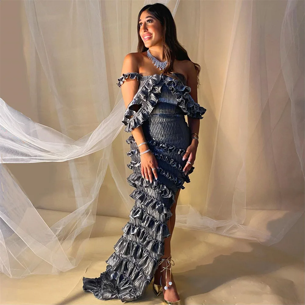 Customized Side High Slit Prom Gown Off the Shoulder Tiered Ruffle Asymmetrical Exquisite Party Evening Dresses فساتين للحفلات ا