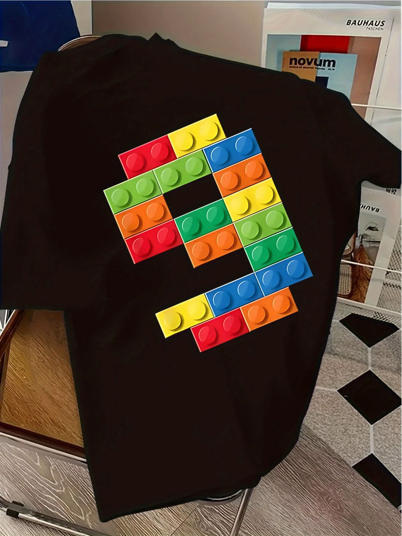 Kids Bright Yellow Cotton Tee Colorful Interlocking Building Blocks Puzzle Print Crew Neck Short Sleeve Toy Lover Toddler Tops